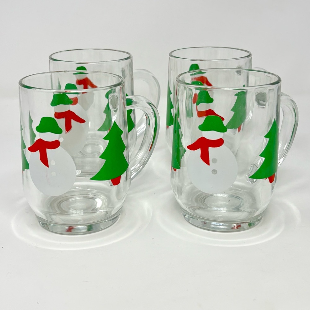Vintage Snowman Pine Trees Holiday Christmas Clear Glass Tea Cups Coffee Mugs